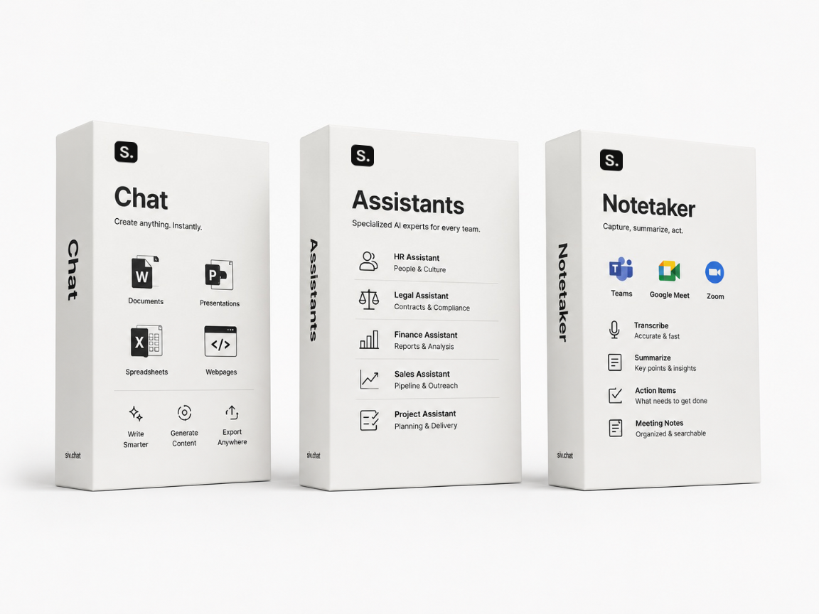 Tre produktkartonger från Siv.chat: Chat, Assistants och Notetaker